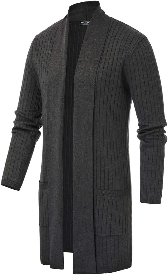 Men's Shawl Collar Open Front Long Cardigan Ribbed Knit Sweater with Pockets