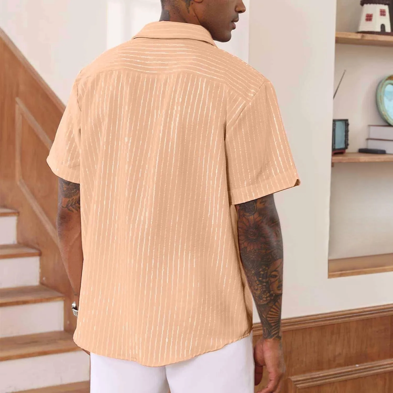 Mens Short Sleeve Hippie Guayabera Linen Shirts Casual Striped Button Down Longline Shirt Summer Beach Hawaiian Shirt