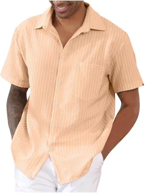 Mens Short Sleeve Hippie Guayabera Linen Shirts Casual Striped Button Down Longline Shirt Summer Beach Hawaiian Shirt