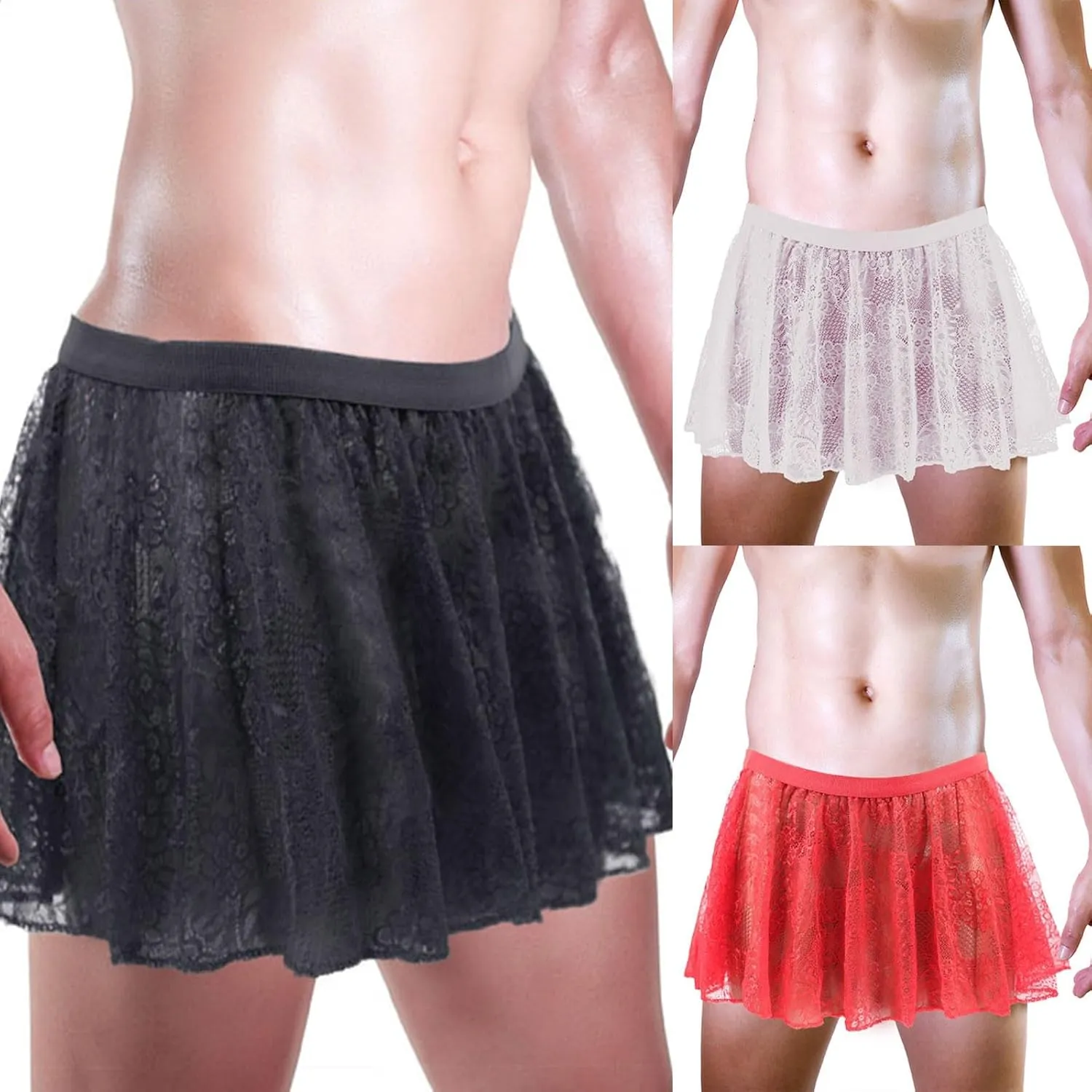 Men's Sissy Crossdressing Lingerie Sheer Mini Skirt Lace Trim Tulle Micro Skirts Underwear