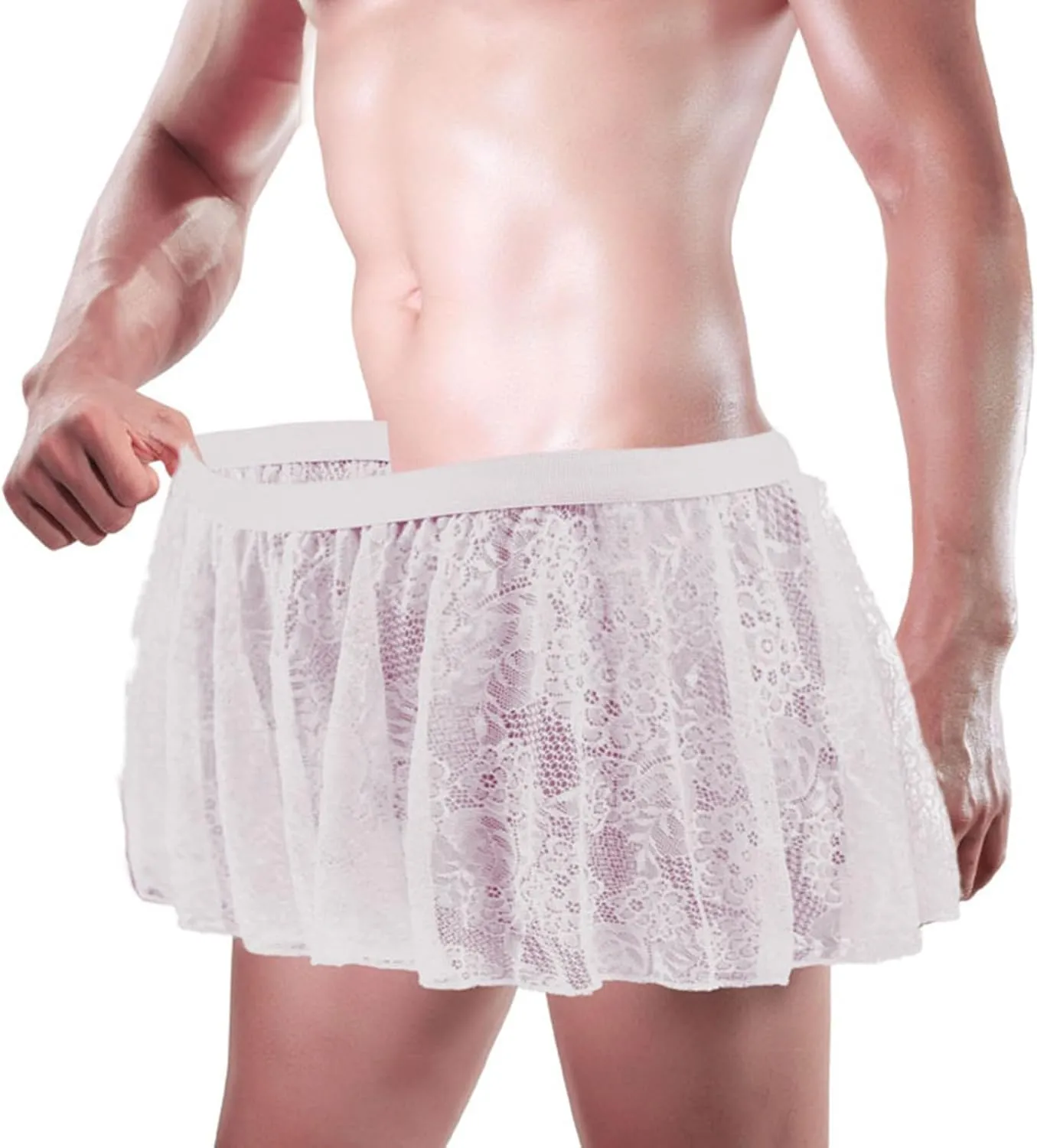 Men's Sissy Crossdressing Lingerie Sheer Mini Skirt Lace Trim Tulle Micro Skirts Underwear