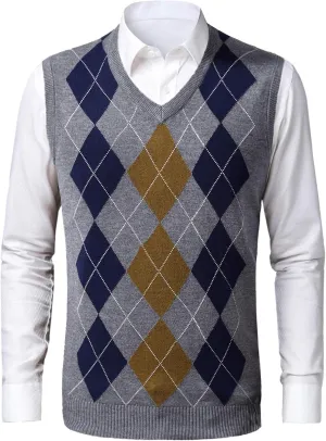 Mens Sleeveless Pullover Knitwear V Neck Sweater Slim Fit Casual Argyle Sweater Vest