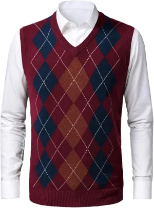 Mens Sleeveless Pullover Knitwear V Neck Sweater Slim Fit Casual Argyle Sweater Vest