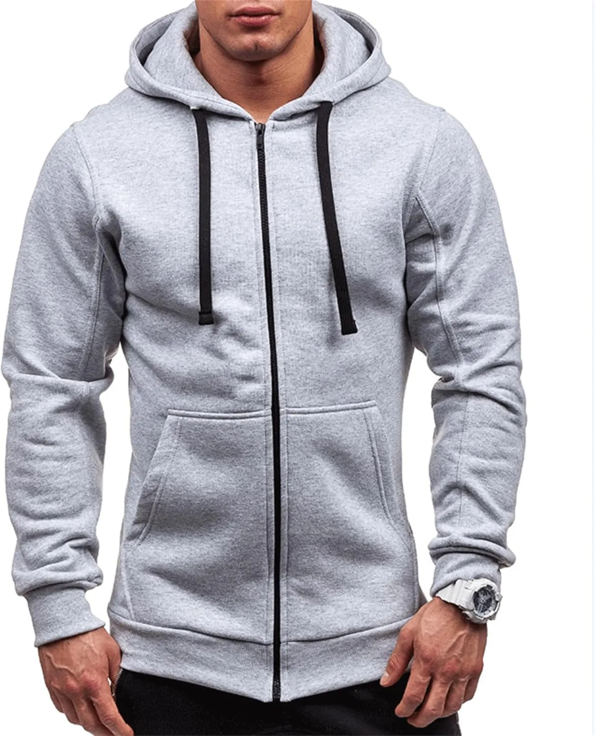 Mens Slim Fit Lightweight Zip Up Hoodie Long Sleeve Full-Zip Fleece Hooded Sweatshirt Work Jacket Streetwear for Men