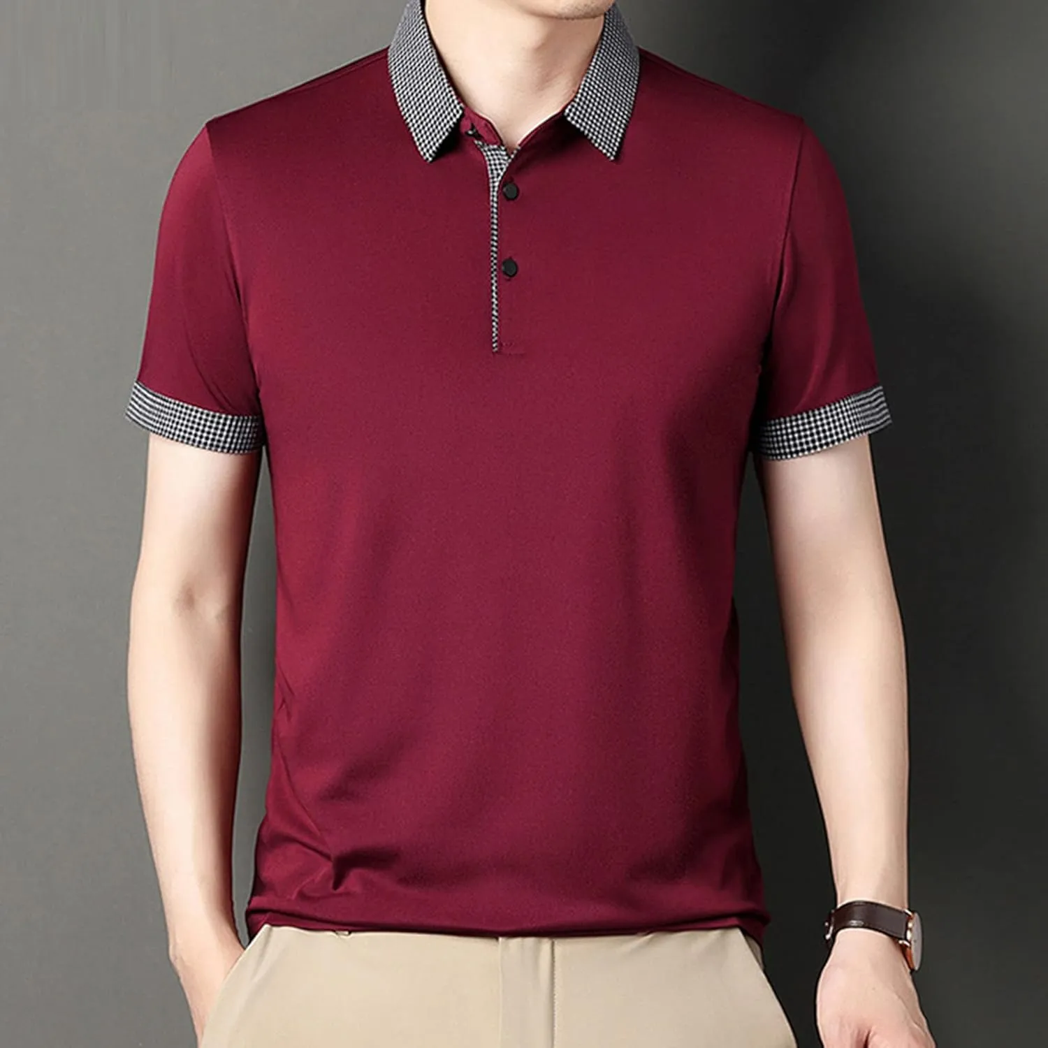 Men's Slim Fit Plaid Collar Polo Shirts Classic Printed Collar Stretch Golf Tee Casual Regular Lapel Short Sleeve