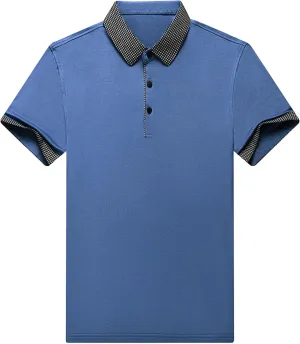 Men's Slim Fit Plaid Collar Polo Shirts Classic Printed Collar Stretch Golf Tee Casual Regular Lapel Short Sleeve