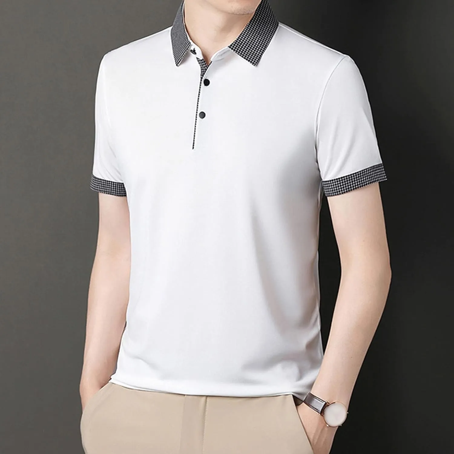 Men's Slim Fit Plaid Collar Polo Shirts Classic Printed Collar Stretch Golf Tee Casual Regular Lapel Short Sleeve