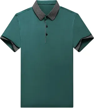Men's Slim Fit Plaid Collar Polo Shirts Classic Printed Collar Stretch Golf Tee Casual Regular Lapel Short Sleeve