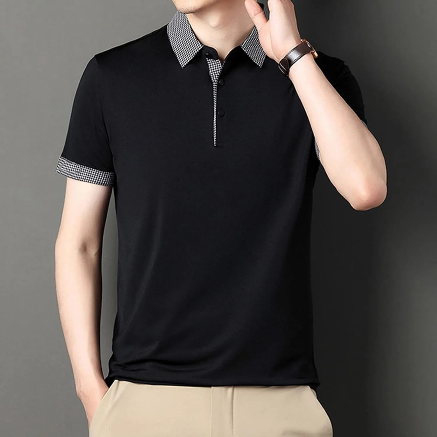 Men's Slim Fit Plaid Collar Polo Shirts Classic Printed Collar Stretch Golf Tee Casual Regular Lapel Short Sleeve