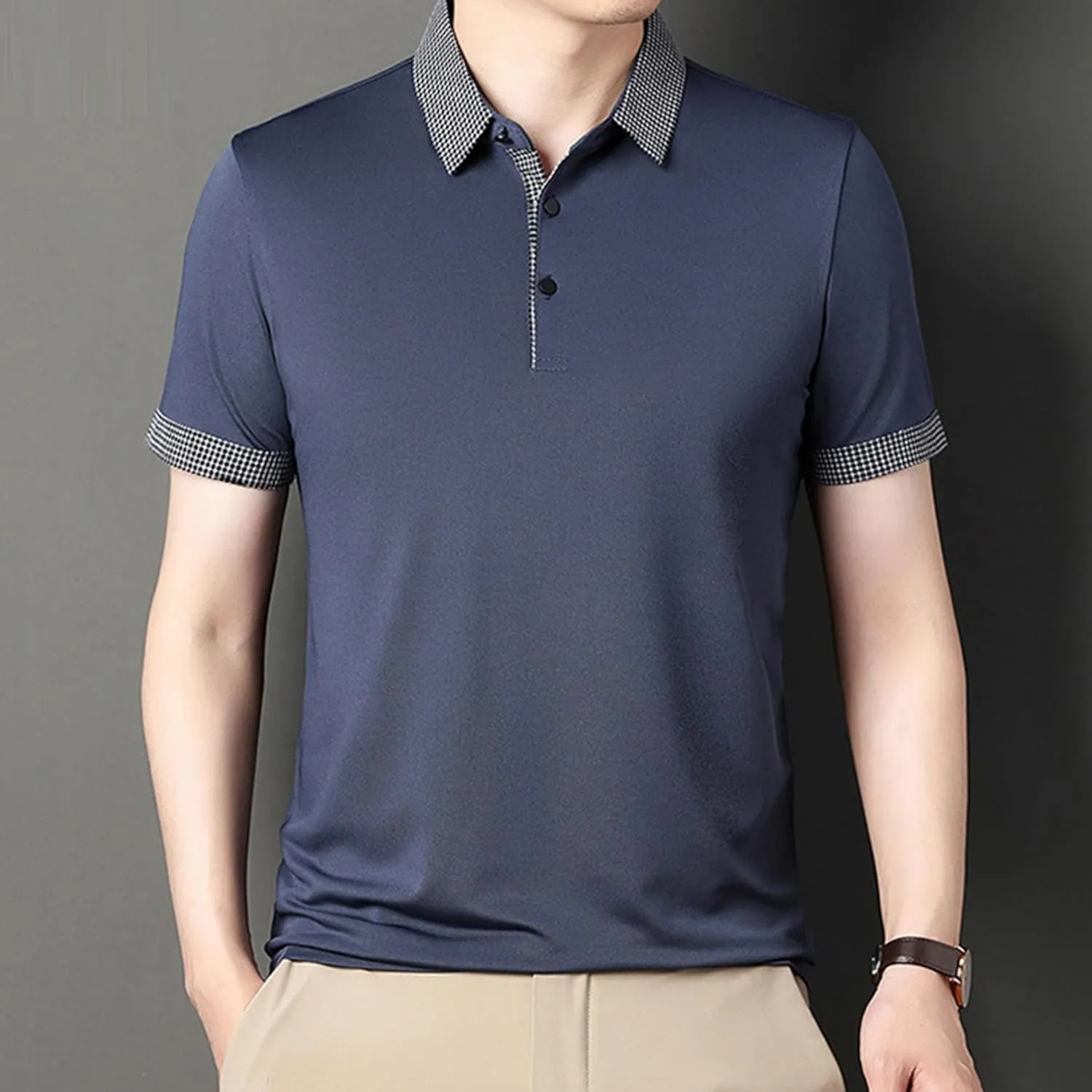 Men's Slim Fit Plaid Collar Polo Shirts Classic Printed Collar Stretch Golf Tee Casual Regular Lapel Short Sleeve