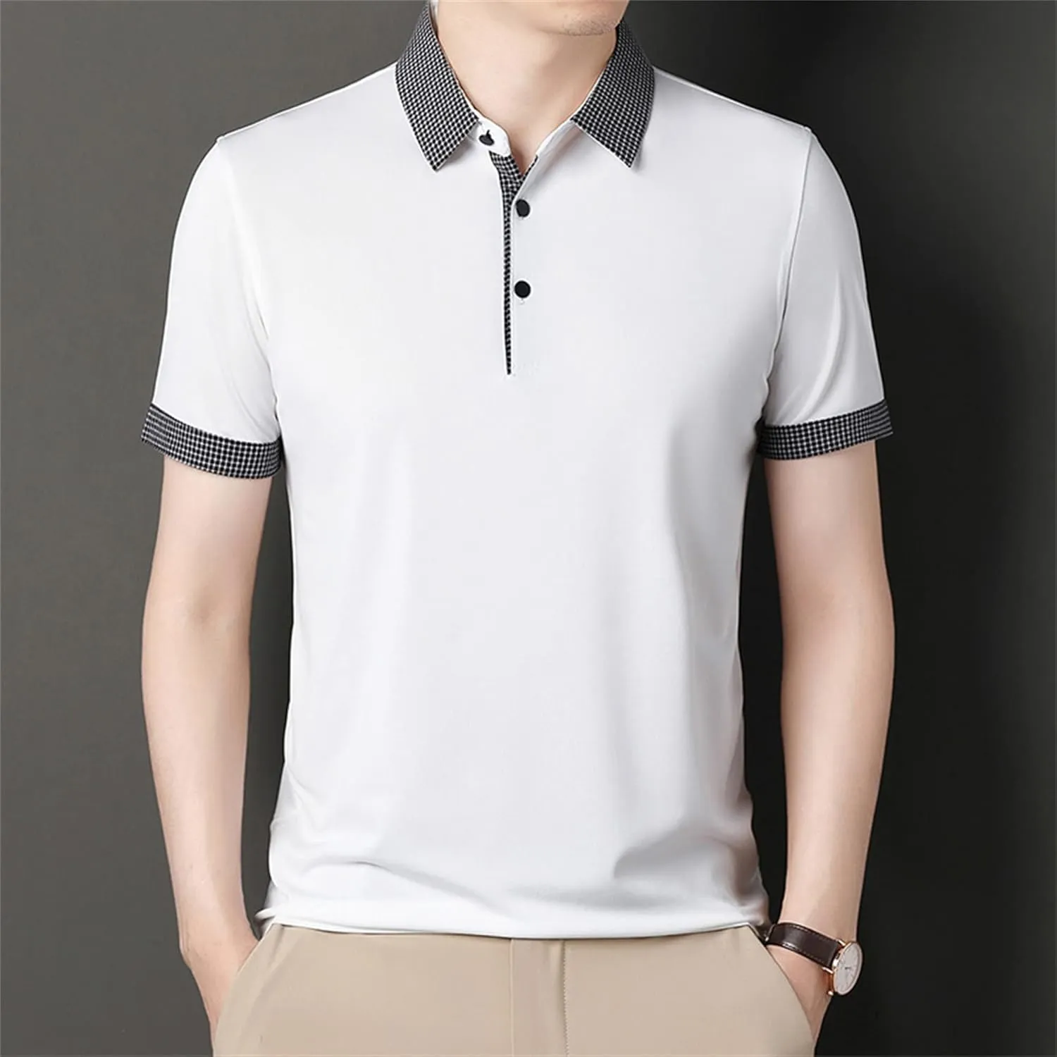 Men's Slim Fit Plaid Collar Polo Shirts Classic Printed Collar Stretch Golf Tee Casual Regular Lapel Short Sleeve