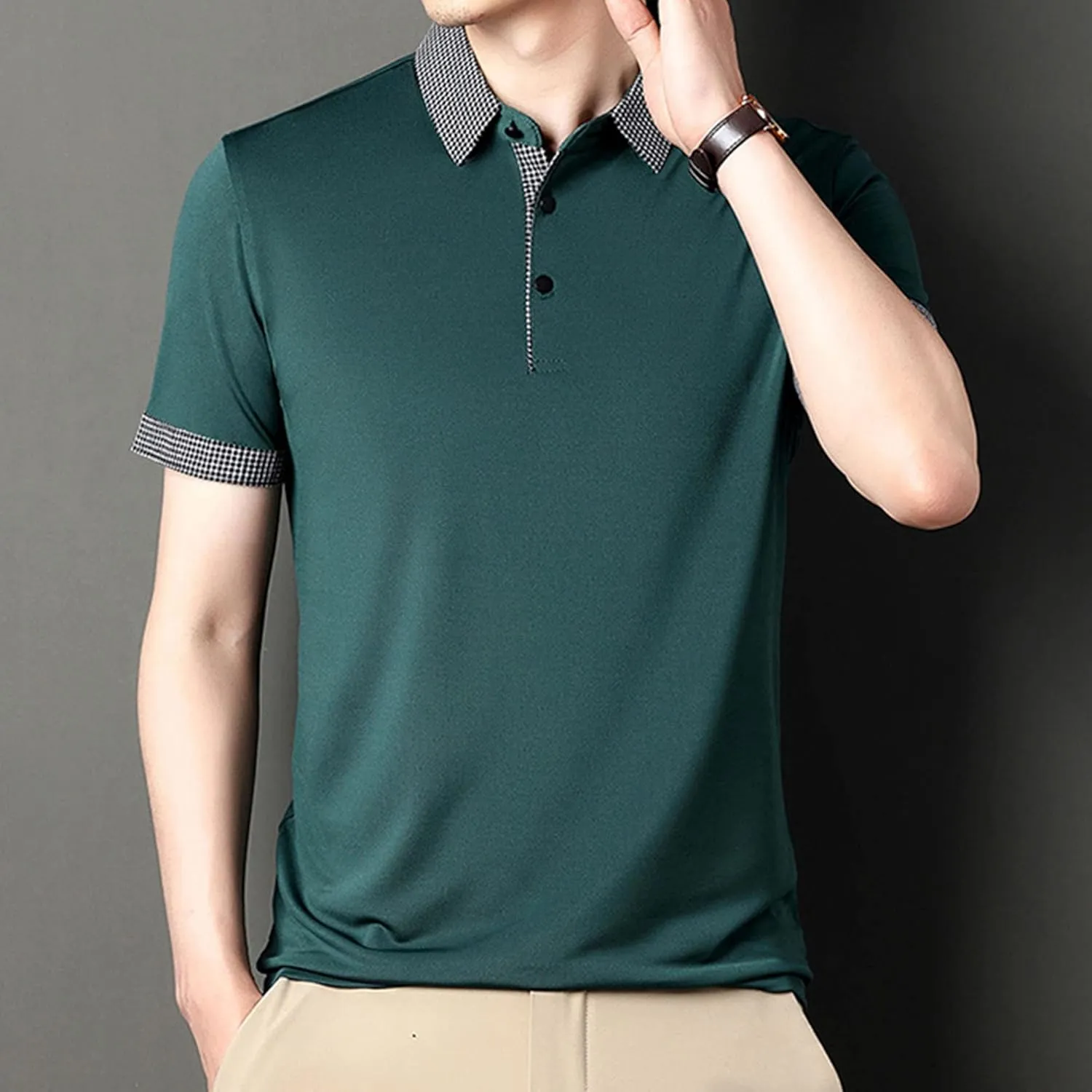 Men's Slim Fit Plaid Collar Polo Shirts Classic Printed Collar Stretch Golf Tee Casual Regular Lapel Short Sleeve