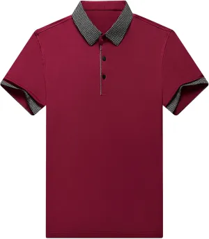 Men's Slim Fit Plaid Collar Polo Shirts Classic Printed Collar Stretch Golf Tee Casual Regular Lapel Short Sleeve