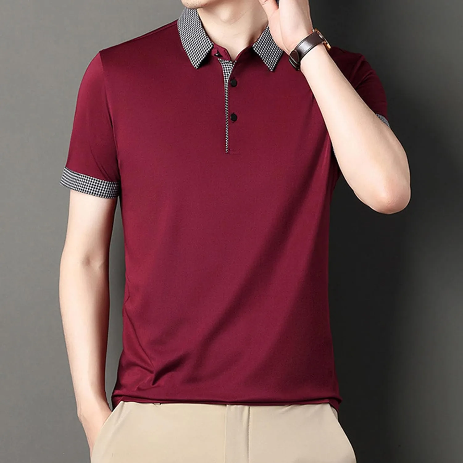 Men's Slim Fit Plaid Collar Polo Shirts Classic Printed Collar Stretch Golf Tee Casual Regular Lapel Short Sleeve