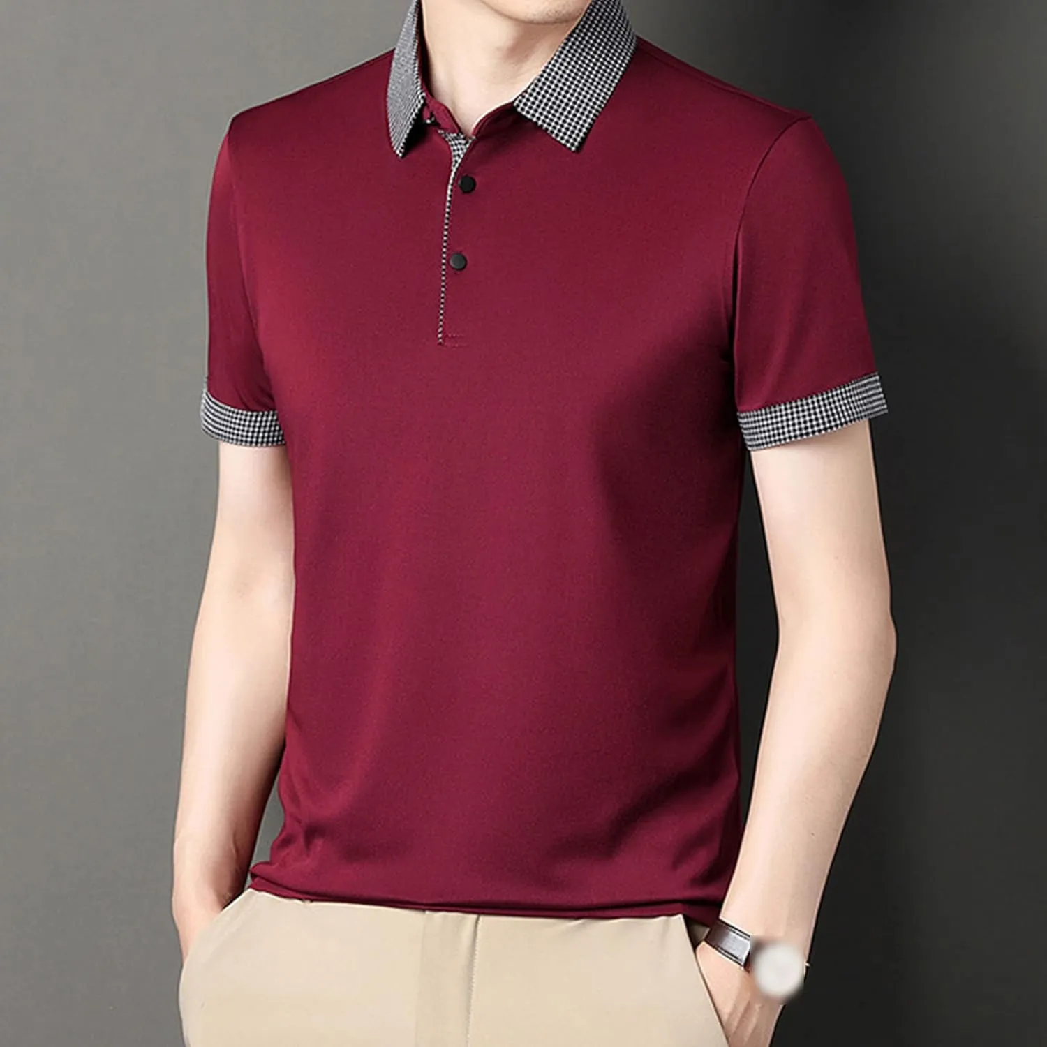 Men's Slim Fit Plaid Collar Polo Shirts Classic Printed Collar Stretch Golf Tee Casual Regular Lapel Short Sleeve