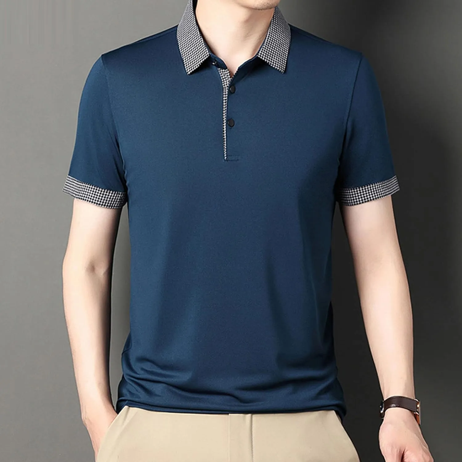 Men's Slim Fit Plaid Collar Polo Shirts Classic Printed Collar Stretch Golf Tee Casual Regular Lapel Short Sleeve