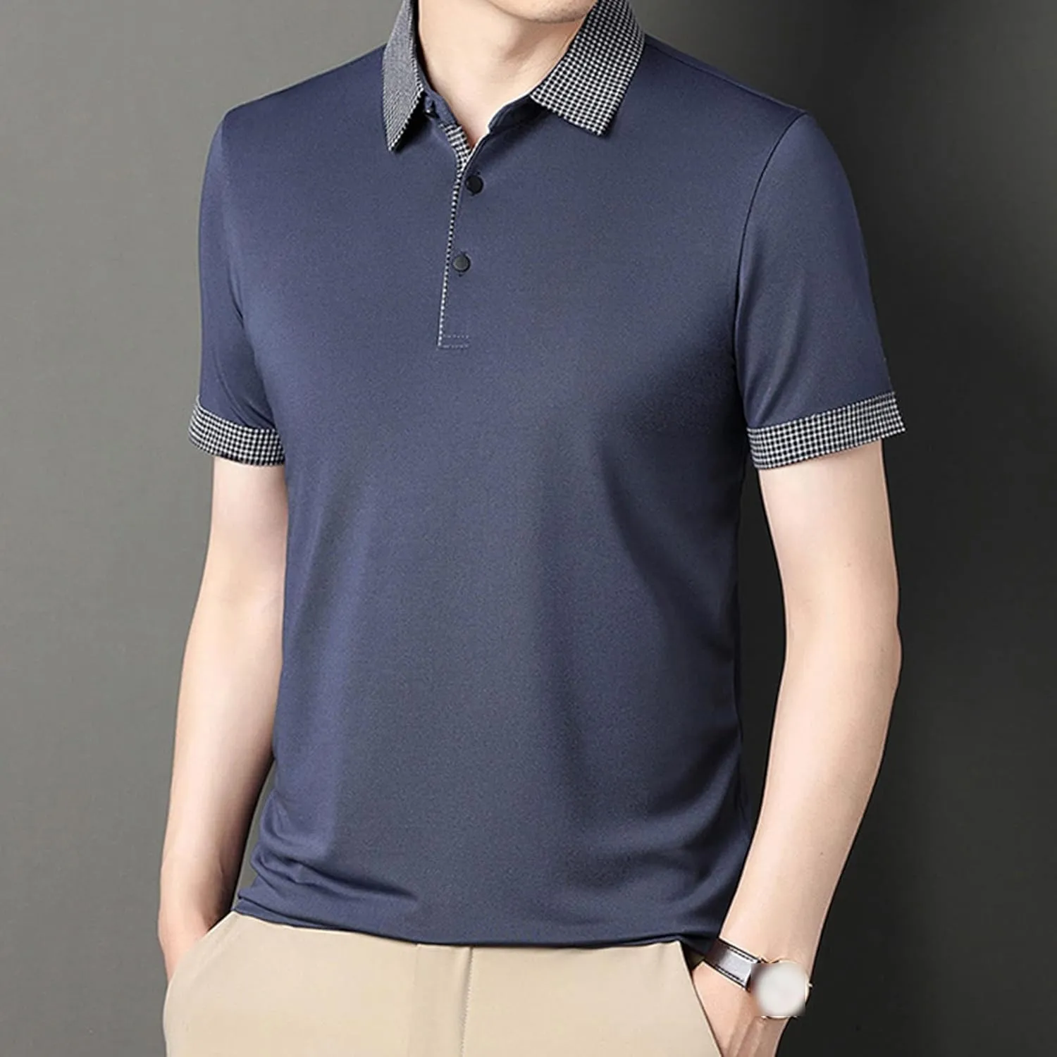 Men's Slim Fit Plaid Collar Polo Shirts Classic Printed Collar Stretch Golf Tee Casual Regular Lapel Short Sleeve