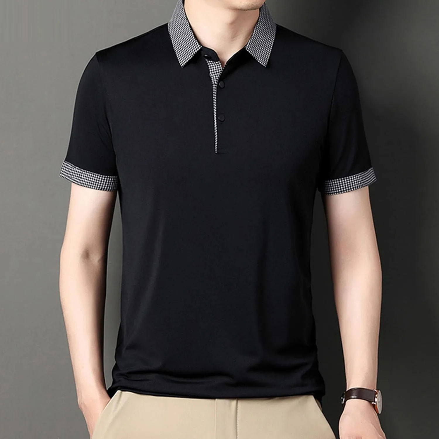 Men's Slim Fit Plaid Collar Polo Shirts Classic Printed Collar Stretch Golf Tee Casual Regular Lapel Short Sleeve