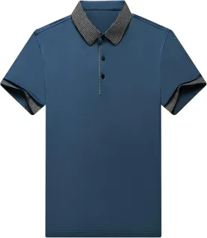 Men's Slim Fit Plaid Collar Polo Shirts Classic Printed Collar Stretch Golf Tee Casual Regular Lapel Short Sleeve