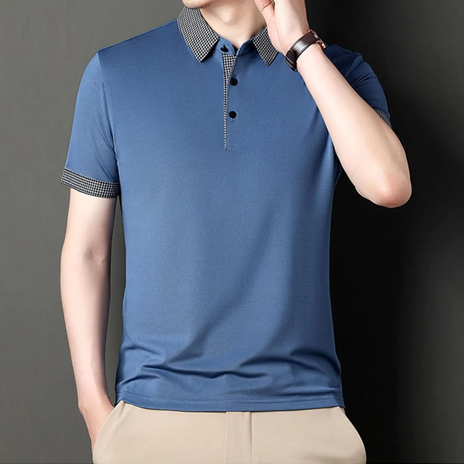 Men's Slim Fit Plaid Collar Polo Shirts Classic Printed Collar Stretch Golf Tee Casual Regular Lapel Short Sleeve