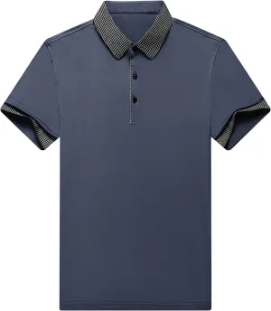 Men's Slim Fit Plaid Collar Polo Shirts Classic Printed Collar Stretch Golf Tee Casual Regular Lapel Short Sleeve