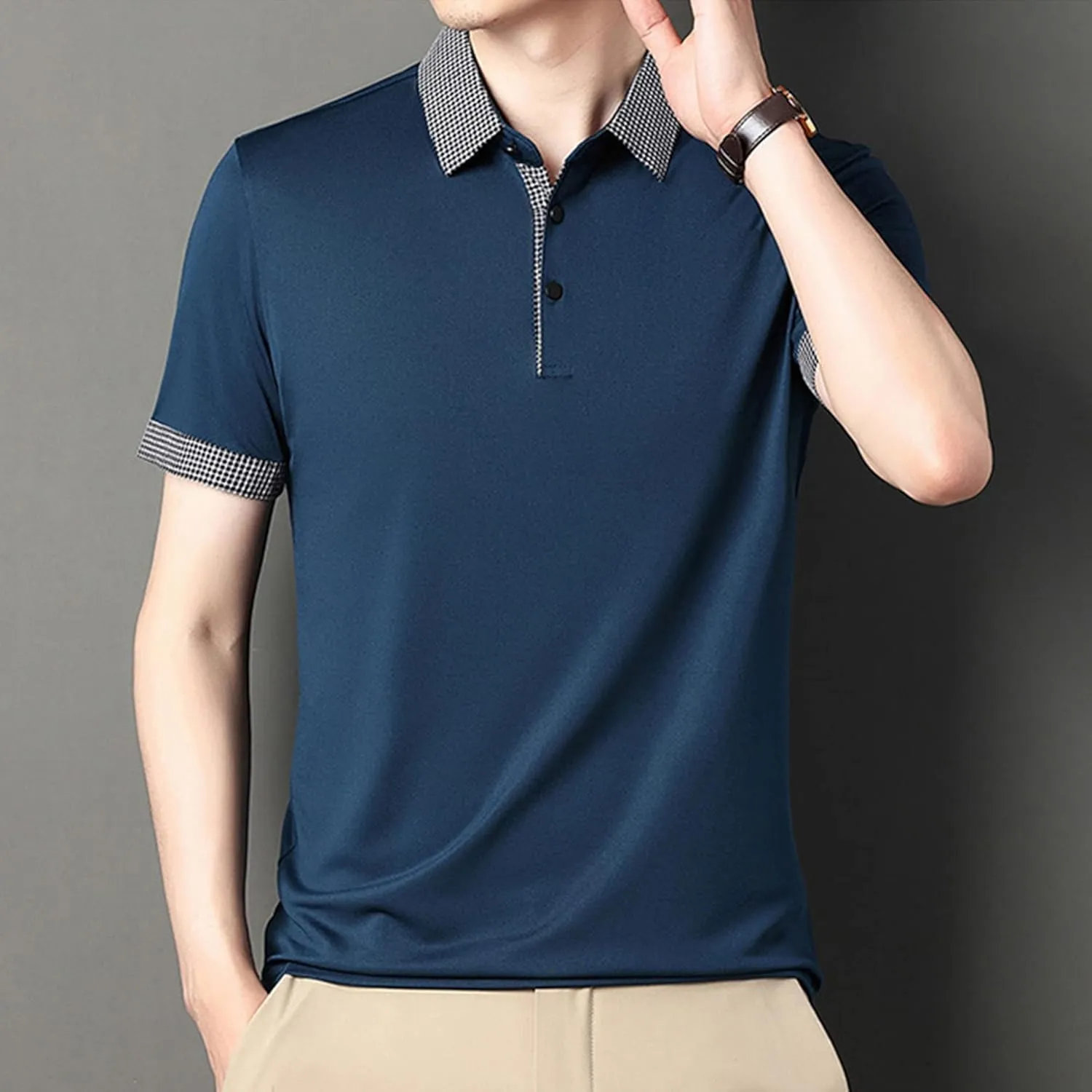 Men's Slim Fit Plaid Collar Polo Shirts Classic Printed Collar Stretch Golf Tee Casual Regular Lapel Short Sleeve