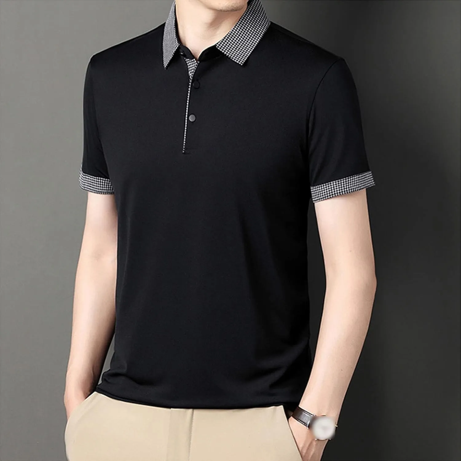 Men's Slim Fit Plaid Collar Polo Shirts Classic Printed Collar Stretch Golf Tee Casual Regular Lapel Short Sleeve