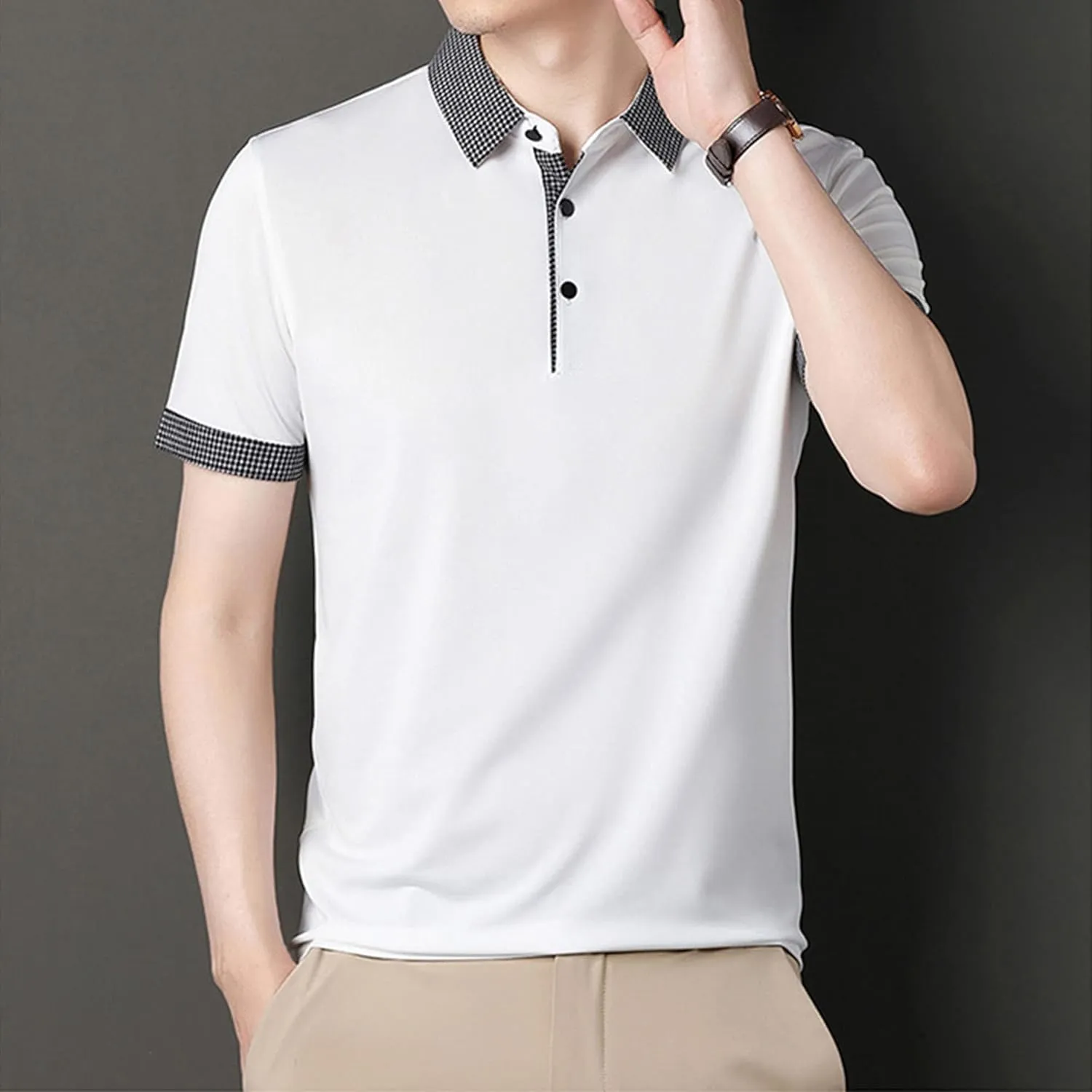 Men's Slim Fit Plaid Collar Polo Shirts Classic Printed Collar Stretch Golf Tee Casual Regular Lapel Short Sleeve