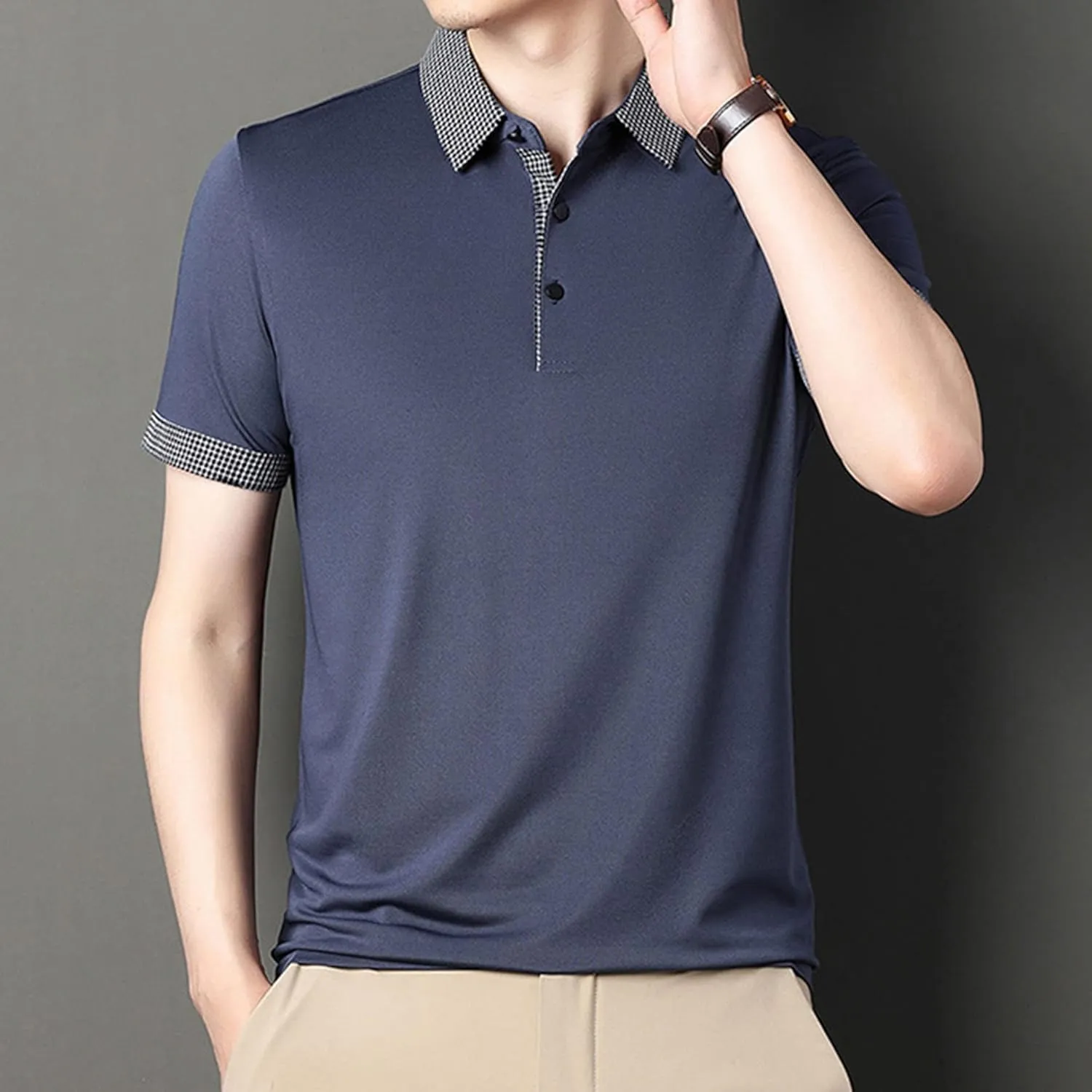 Men's Slim Fit Plaid Collar Polo Shirts Classic Printed Collar Stretch Golf Tee Casual Regular Lapel Short Sleeve