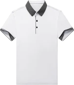 Men's Slim Fit Plaid Collar Polo Shirts Classic Printed Collar Stretch Golf Tee Casual Regular Lapel Short Sleeve