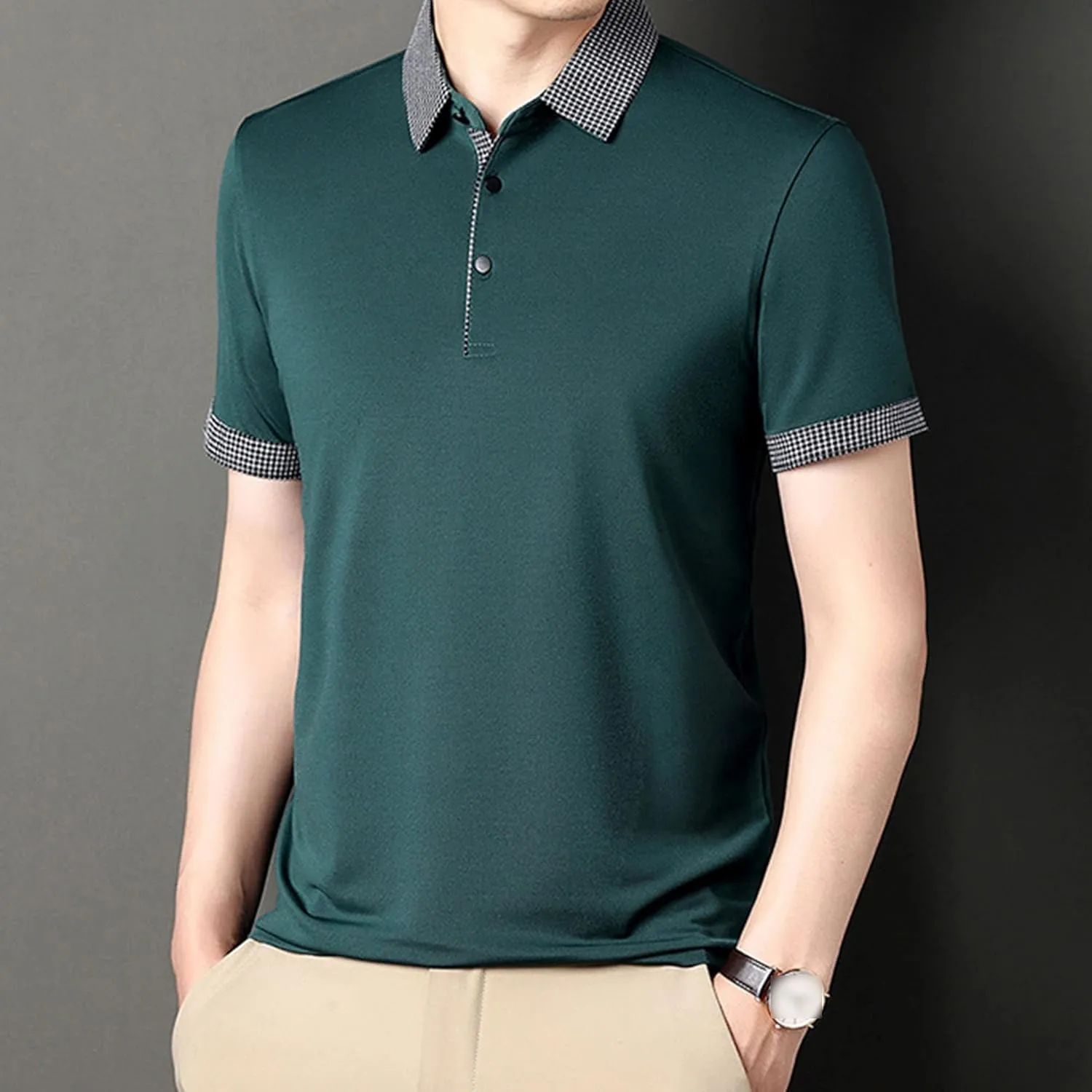Men's Slim Fit Plaid Collar Polo Shirts Classic Printed Collar Stretch Golf Tee Casual Regular Lapel Short Sleeve