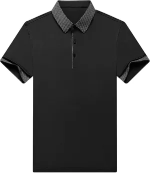 Men's Slim Fit Plaid Collar Polo Shirts Classic Printed Collar Stretch Golf Tee Casual Regular Lapel Short Sleeve