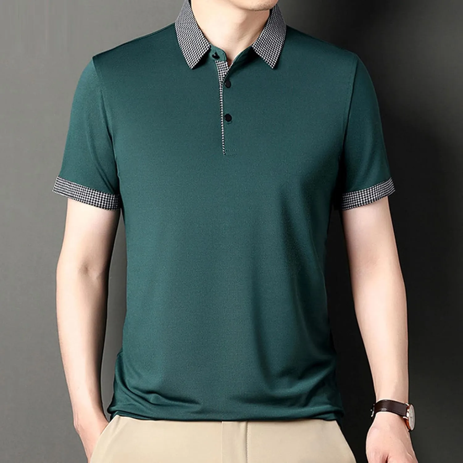 Men's Slim Fit Plaid Collar Polo Shirts Classic Printed Collar Stretch Golf Tee Casual Regular Lapel Short Sleeve