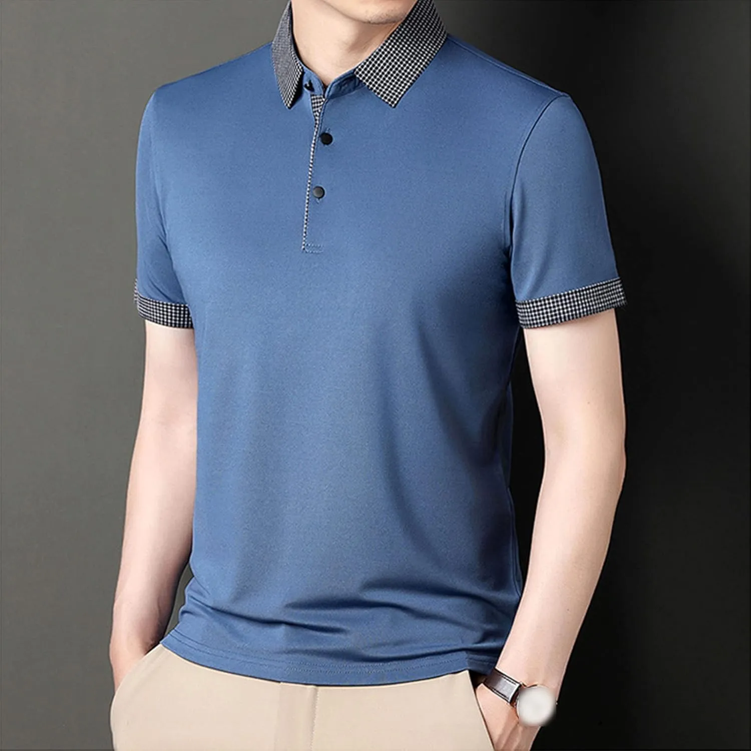 Men's Slim Fit Plaid Collar Polo Shirts Classic Printed Collar Stretch Golf Tee Casual Regular Lapel Short Sleeve