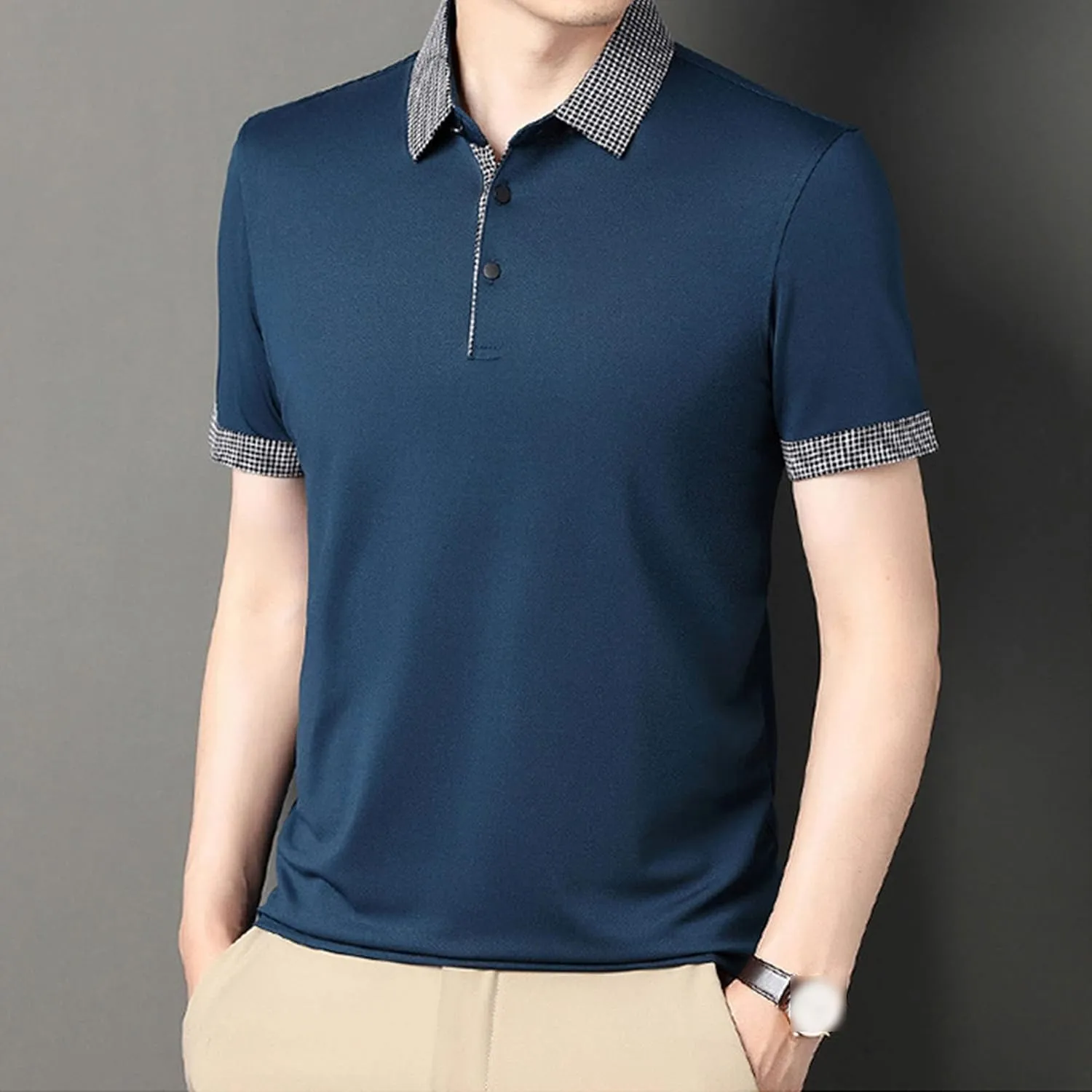 Men's Slim Fit Plaid Collar Polo Shirts Classic Printed Collar Stretch Golf Tee Casual Regular Lapel Short Sleeve