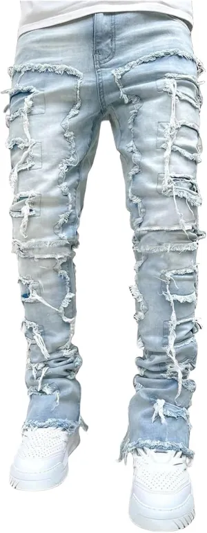Men's Slim Fit Stretch Jeans Straight Leg Denim Pants Distressed Patchwork Stacked Frayed Fashion Stretch Trouser