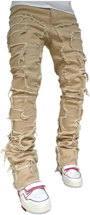 Men's Slim Fit Stretch Jeans Straight Leg Denim Pants Distressed Patchwork Stacked Frayed Fashion Stretch Trouser