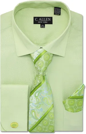 Men's Solid Micro Pattern Regular Fit Dress Shirts with Tie Hanky Cufflinks French Cuffs Combo