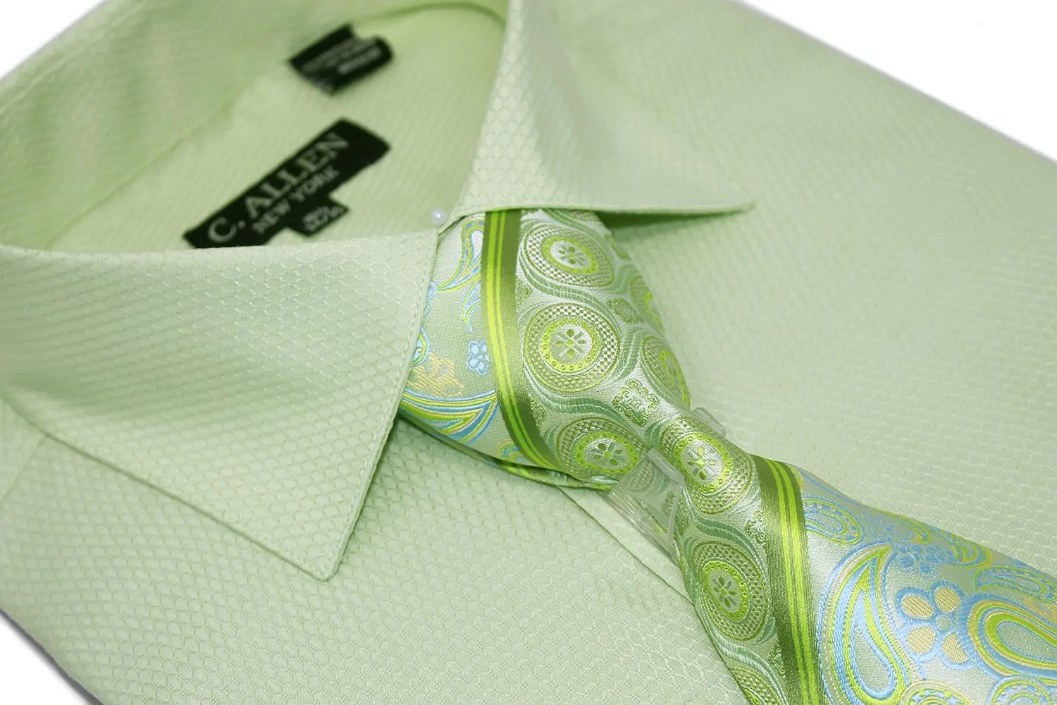 Men's Solid Micro Pattern Regular Fit Dress Shirts with Tie Hanky Cufflinks French Cuffs Combo