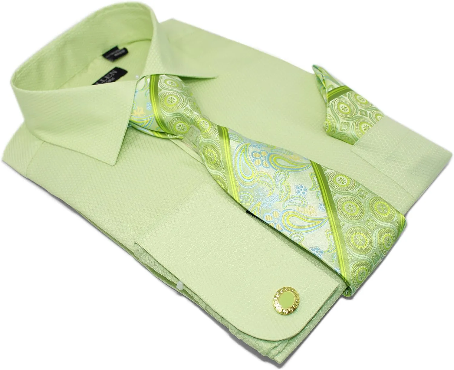 Men's Solid Micro Pattern Regular Fit Dress Shirts with Tie Hanky Cufflinks French Cuffs Combo