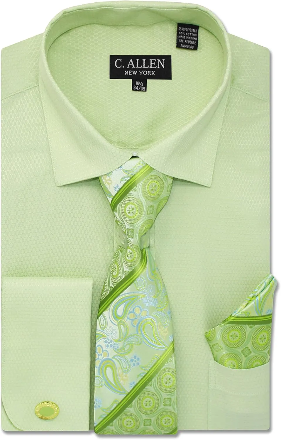 Men's Solid Micro Pattern Regular Fit Dress Shirts with Tie Hanky Cufflinks French Cuffs Combo