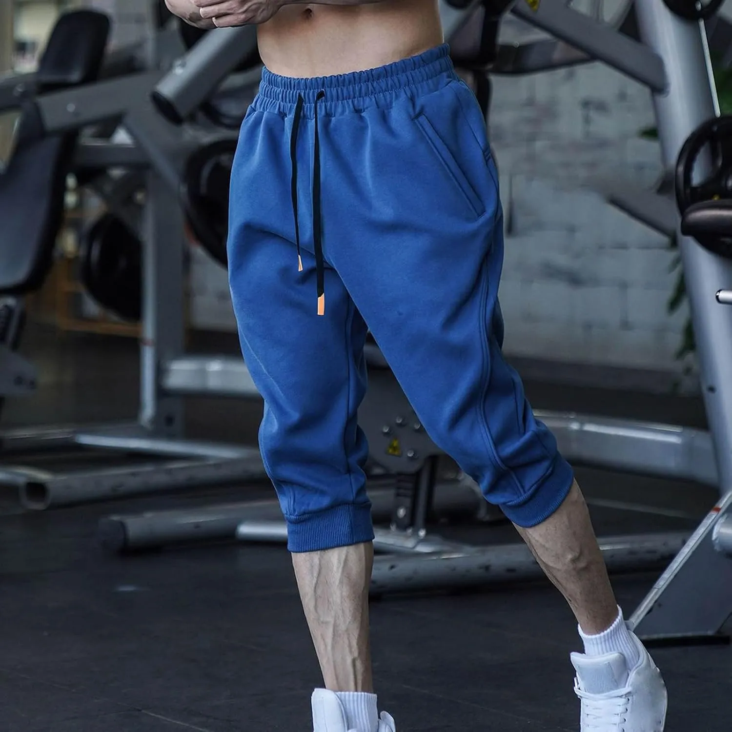 Men's Sports Cropped Trousers Drawstring Jogger Sweatpants Ribbed Waistband Trouser Summer Capri Pants 3/4 Leggings