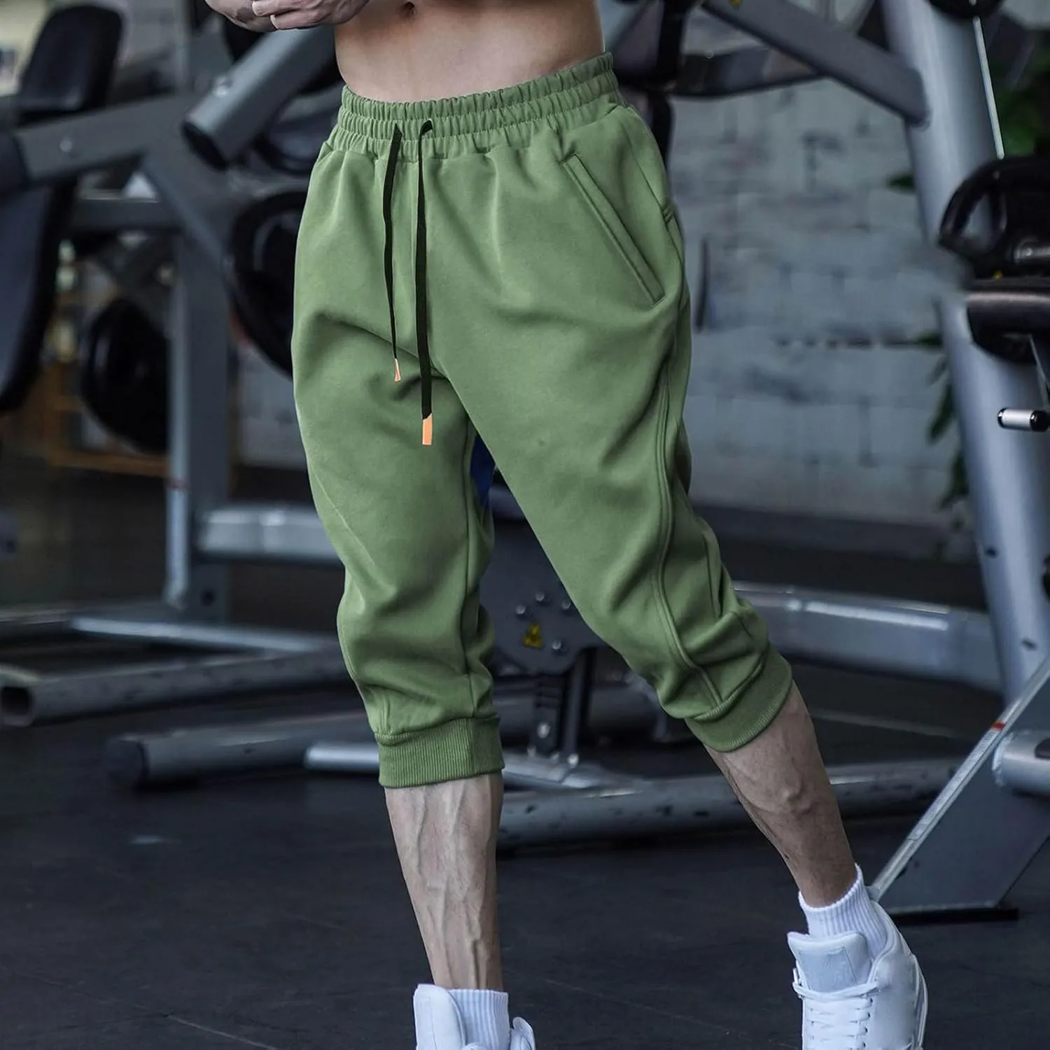 Men's Sports Cropped Trousers Drawstring Jogger Sweatpants Ribbed Waistband Trouser Summer Capri Pants 3/4 Leggings