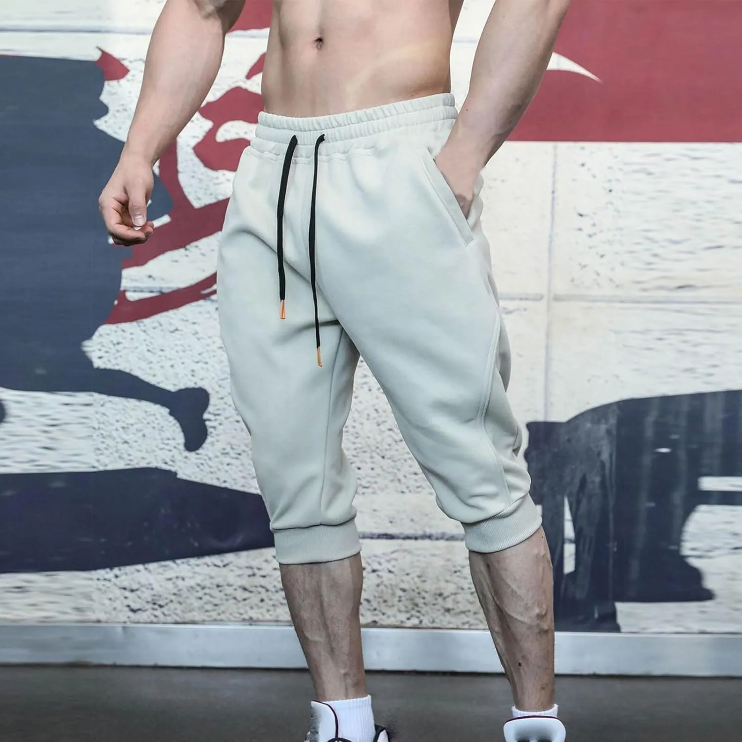 Men's Sports Cropped Trousers Drawstring Jogger Sweatpants Ribbed Waistband Trouser Summer Capri Pants 3/4 Leggings