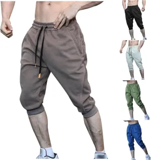 Men's Sports Cropped Trousers Drawstring Jogger Sweatpants Ribbed Waistband Trouser Summer Capri Pants 3/4 Leggings