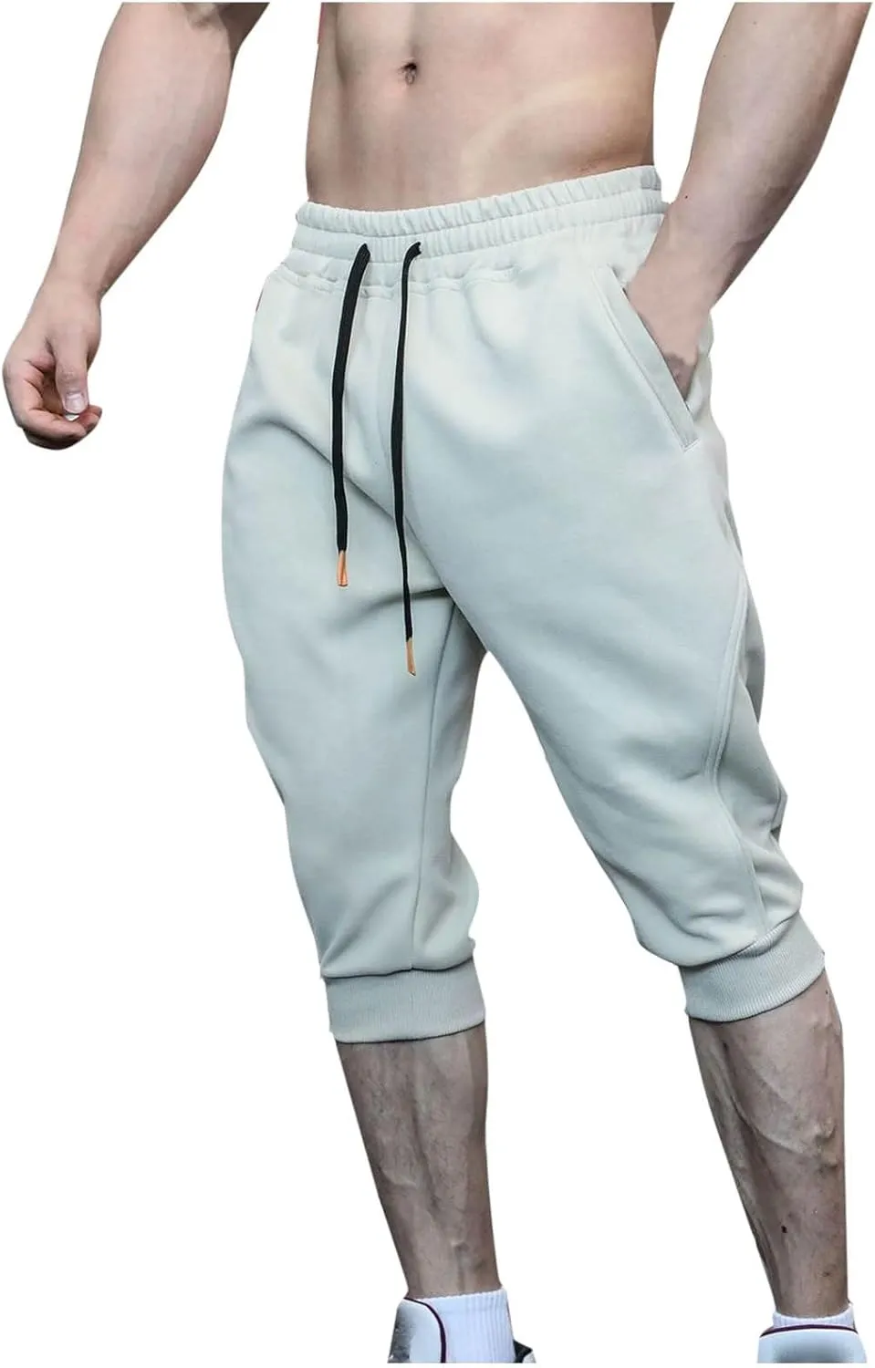 Men's Sports Cropped Trousers Drawstring Jogger Sweatpants Ribbed Waistband Trouser Summer Capri Pants 3/4 Leggings