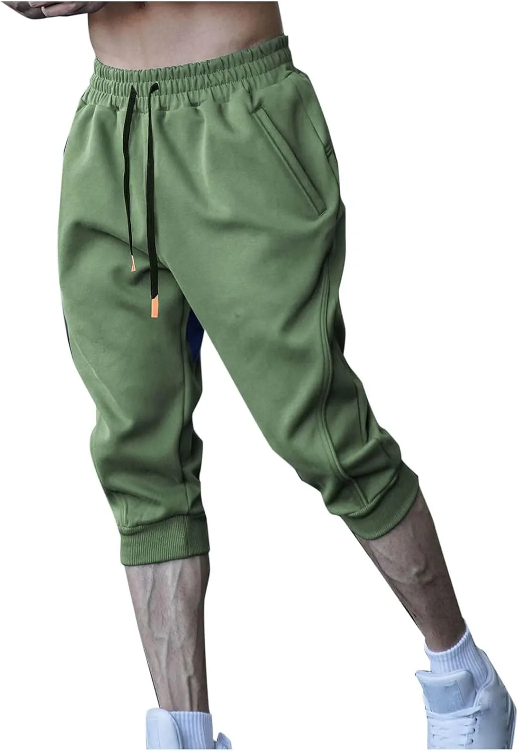 Men's Sports Cropped Trousers Drawstring Jogger Sweatpants Ribbed Waistband Trouser Summer Capri Pants 3/4 Leggings