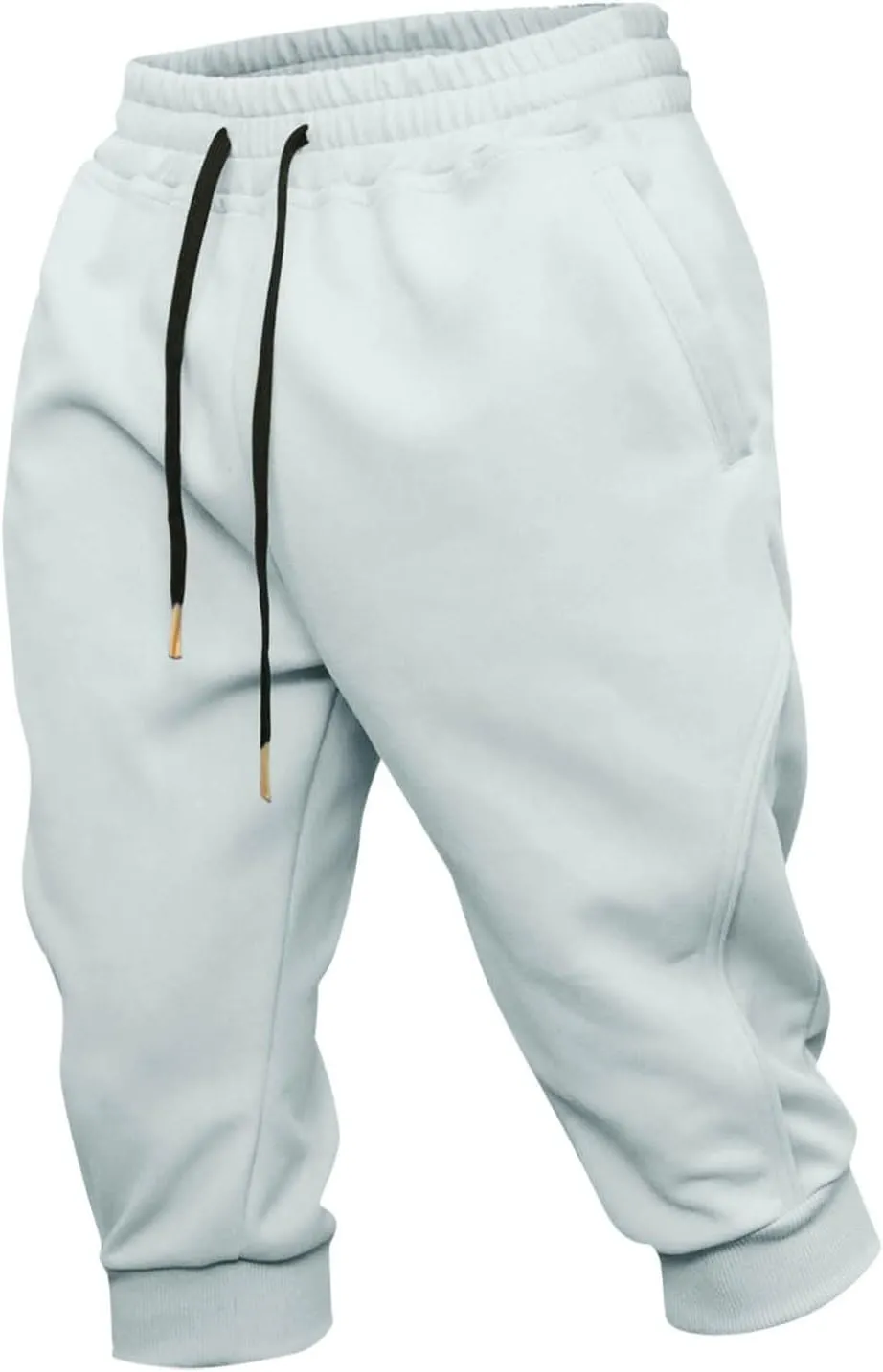 Men's Sports Cropped Trousers Drawstring Jogger Sweatpants Ribbed Waistband Trouser Summer Capri Pants 3/4 Leggings