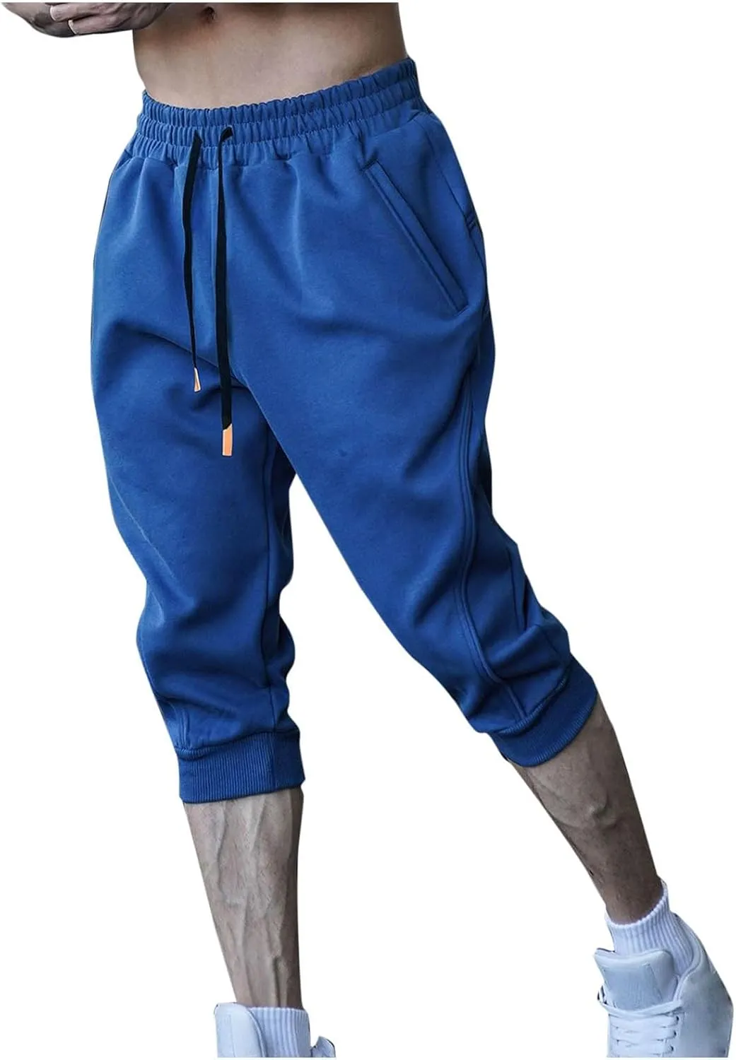 Men's Sports Cropped Trousers Drawstring Jogger Sweatpants Ribbed Waistband Trouser Summer Capri Pants 3/4 Leggings