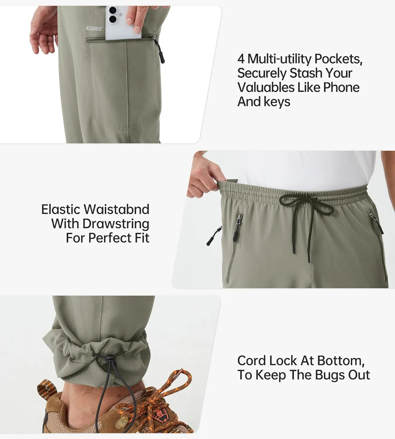 Mens Stretch Hiking Pants Cargo Quick Dry Lightweight Water Resistant Outdoor Fishing Pants Adjustable Bottom Pockets